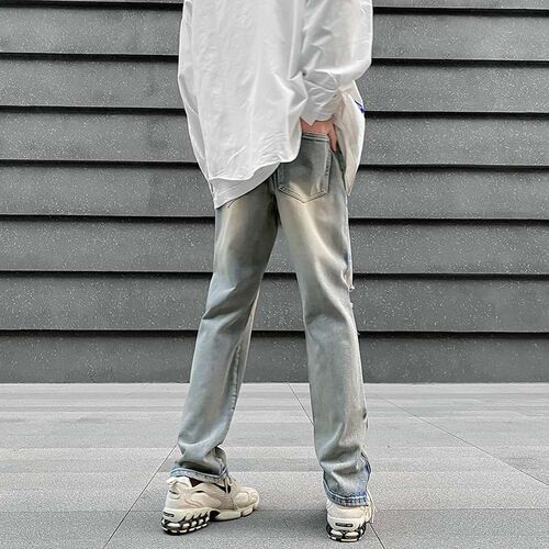 Steet tendy Ripped Leg Zipper Pants Yellow Mud Dyed Washed V