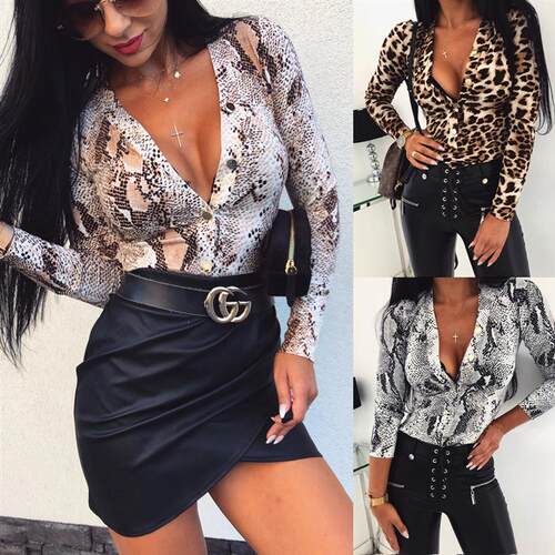 2020 Fashion Women V Neck Leopard Bodysuit Long Sleeve Leota