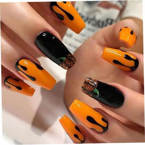 New Halloween Fake Nails Patch Black Almond/Coffin Head Arti