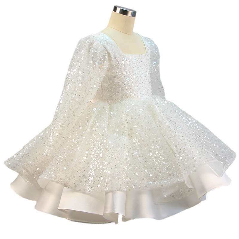 One-Year-Old Sequin Dress Princess Dress Puffy Yarn New Whit - 实物图
