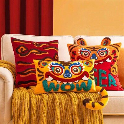Joy Chinese Traditional Dance Lion Embroidery Cushion Year