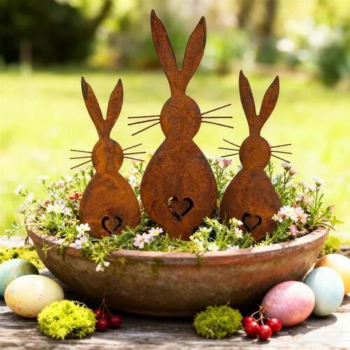 3pcs Metal Garden Stakes Easter, Rusty 2D Flat Ground Plugs,