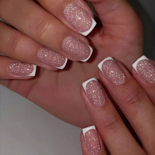 24Pcs Simple White French False Nail with Flower Design Shor
