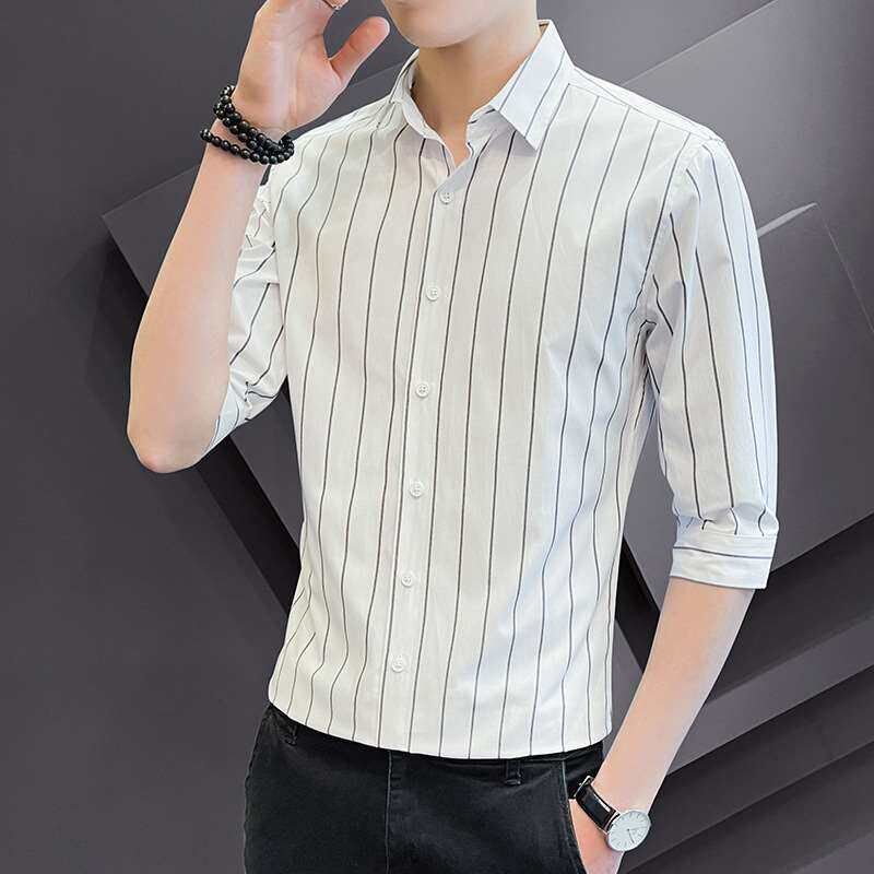 Summer Shirt Mens Short-sleeved Striped Business Shirt Seve