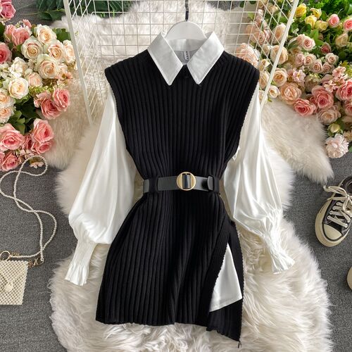 2022 spring autumn womens lantern sleeve shirt knitted vest