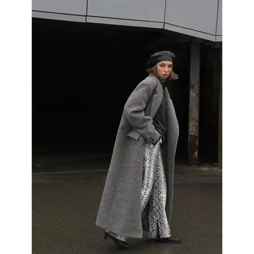 Gray Loose Woolen Blends Long Coat Warm Causal Pockets Overc