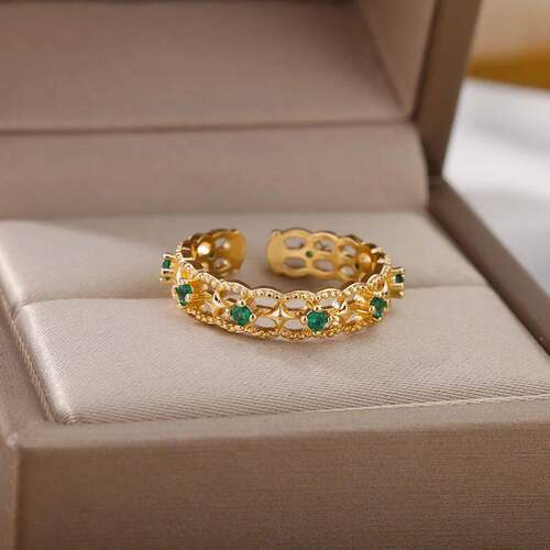 Zircon Green Geometric Ring For Women Stainless Steel Adjust
