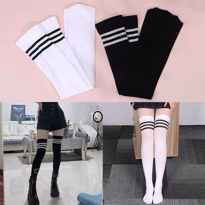 Women Over Knee Thigh High Socks Academic Style Black White