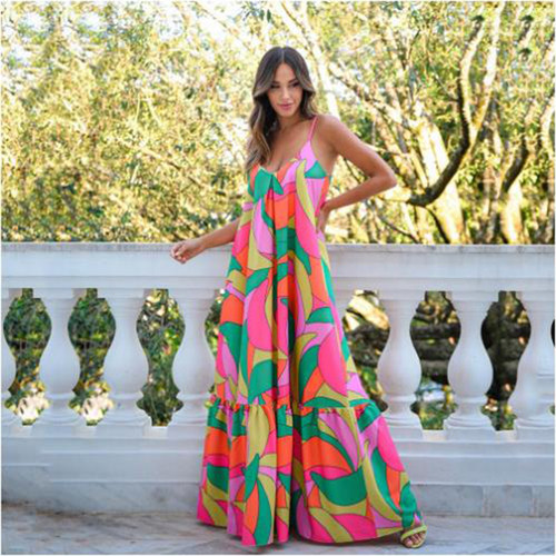 New Spring Summer Womens Deep V Backless Bohemian Floral