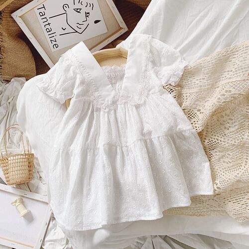 kids dresses for girls Pure color all-match lace girls summe