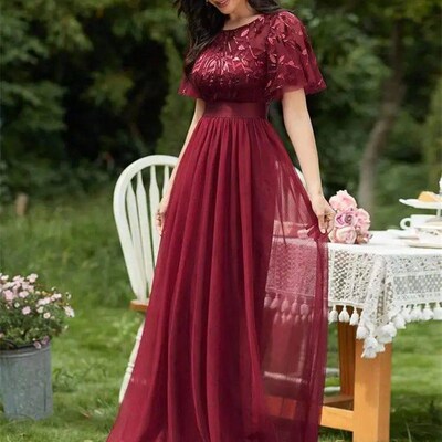 2023 New Womens Burgundy A-Line Sequin Mesh Leaf Maxi Prom