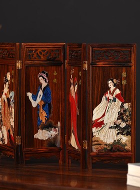 玄同红酸枝四大美女屏风摆件迷你小家具摆件梅兰竹菊木质拍照背景