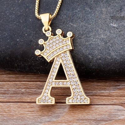New Luxury Copper Zircon A-Z Crown Alphabet Pendant Chain Ne
