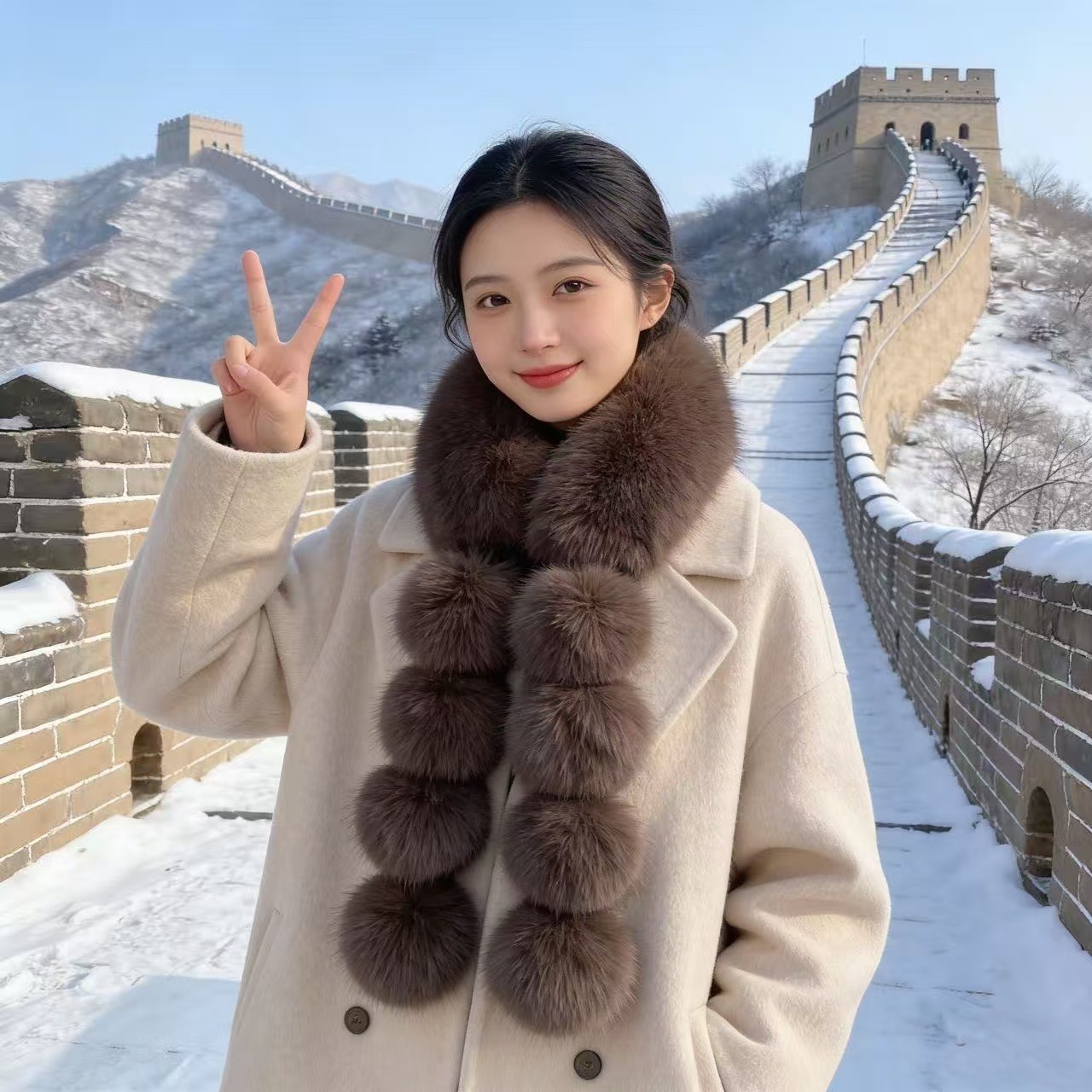 冬季新款仿狐狸毛皮草围脖女加厚保暖气质双面毛领毛毛球毛绒围巾