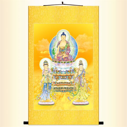 药师佛琉璃光如来画像挂画 东方三圣月光日光菩萨 佛堂水陆画卷轴