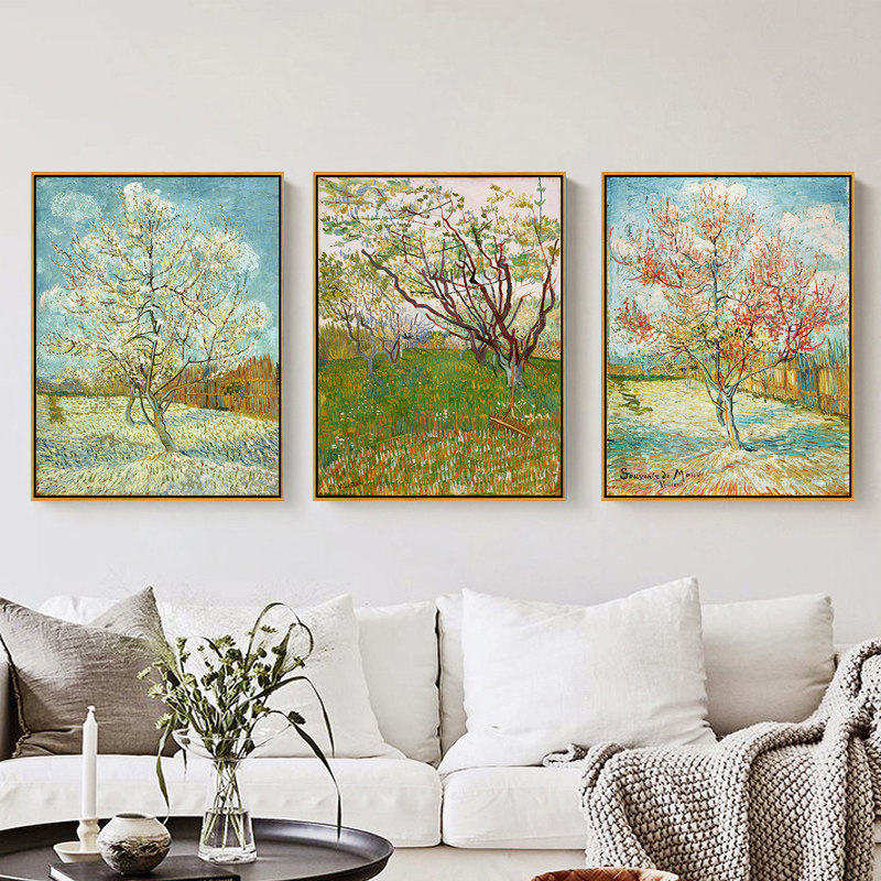 桃树花开梵高印刷仿制油画客厅卧室玄关沙发三联装饰画背景墙挂画