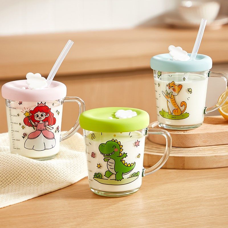 牛奶杯儿童带刻度玻璃杯冲奶粉专用杯子微波炉可加热家用吸管水杯