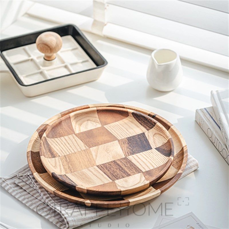 双木拼接棋格盘圆形实木家用创意餐盘果盘托盘茶盘白蜡木胡桃木,餐饮具,餐用托盘,淘宝优惠券,粉丝福利购,淘宝优惠卷