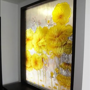 钢化艺术玻璃隔断玄关屏风走廊尽头背景墙荷塘美色手工雕刻金荷花