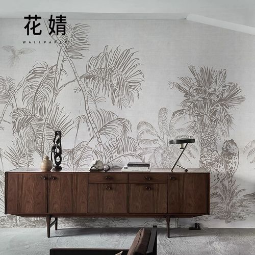 法式墙纸棕榈叶动物电视背景墙壁纸定制壁画现代客厅卧室创意墙布