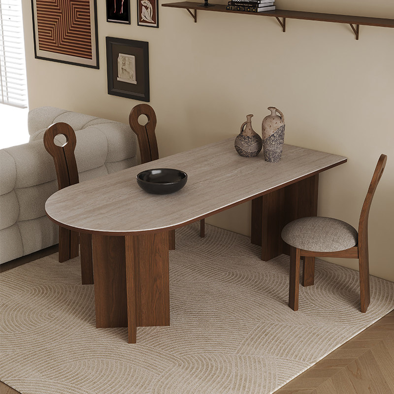 法式中古风洞石岩板餐桌椅组合小户型客厅靠墙半圆岛台实木餐桌,住宅家具,岩板餐桌,淘宝优惠券,粉丝福利购,淘宝优惠卷