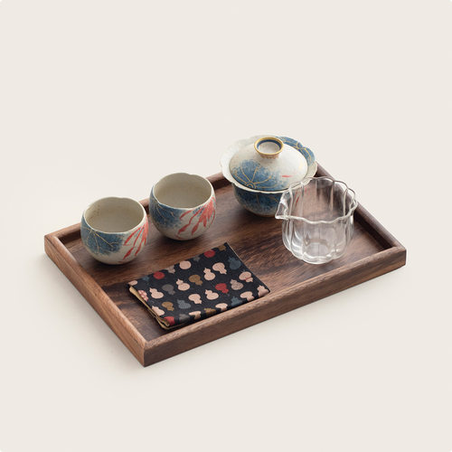 宜物宜心火石红荷花锦鲤盖碗茶杯家用托盘茶具高档一人饮泡茶碗