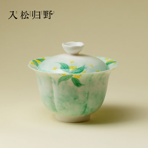 入野归松手绘桂花莲瓣陶瓷盖碗冲茶泡茶碗单个高档家用一人敬茶碗