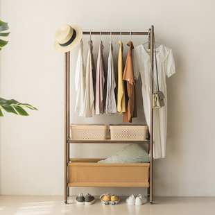 实木多功能可移动衣帽架玄关卧室挂衣架带轮落地枫木原木胡桃色