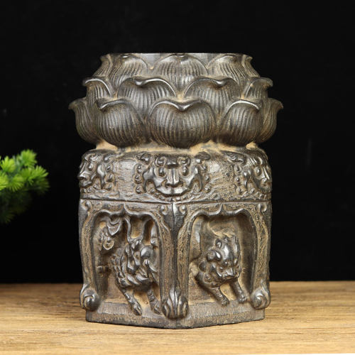 中式复古青石雕刻摆件 莲花兽头石鼓墩 花盆底座石柱老石头旧石墩