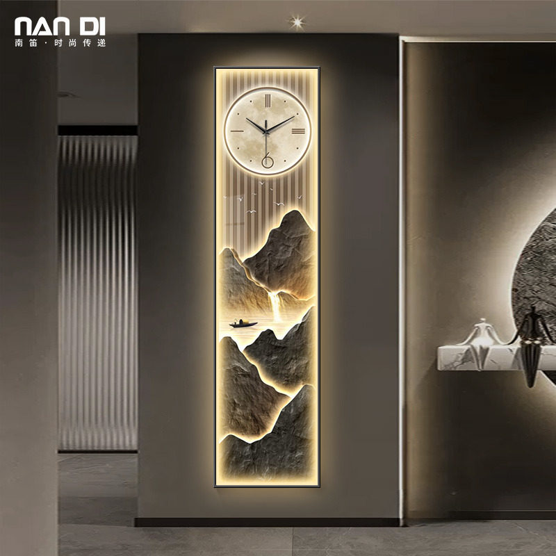 侘寂风流水生财玄关装饰画钟表挂钟细长条九鱼图过道挂画艺术时钟,家居饰品,现代装饰画,淘宝优惠券,粉丝福利购,淘宝优惠卷