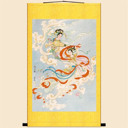 明清复古版 敦煌仙女飞天图画像 绢布材质卷轴挂画人物装饰画定制