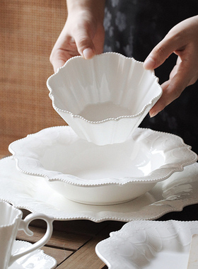 泽滕家餐具套装白色浮雕高级感新款2025花边西餐牛排意面碗盘碟子