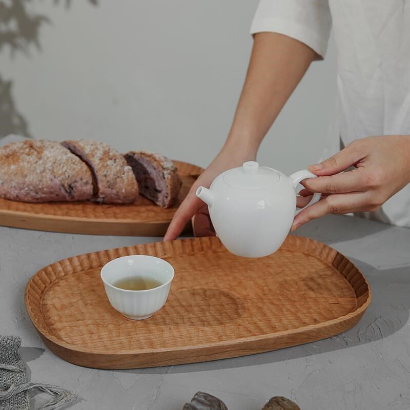 木之恋日式手作黑胡桃木樱桃实木整木手工雕刻茶盘托盘家用餐盘
