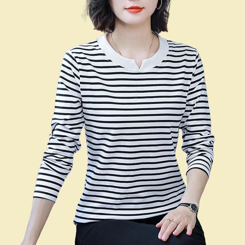 女士纯棉长袖t恤春秋季大码宽松休闲薄款打底衫中年妈妈气质上衣