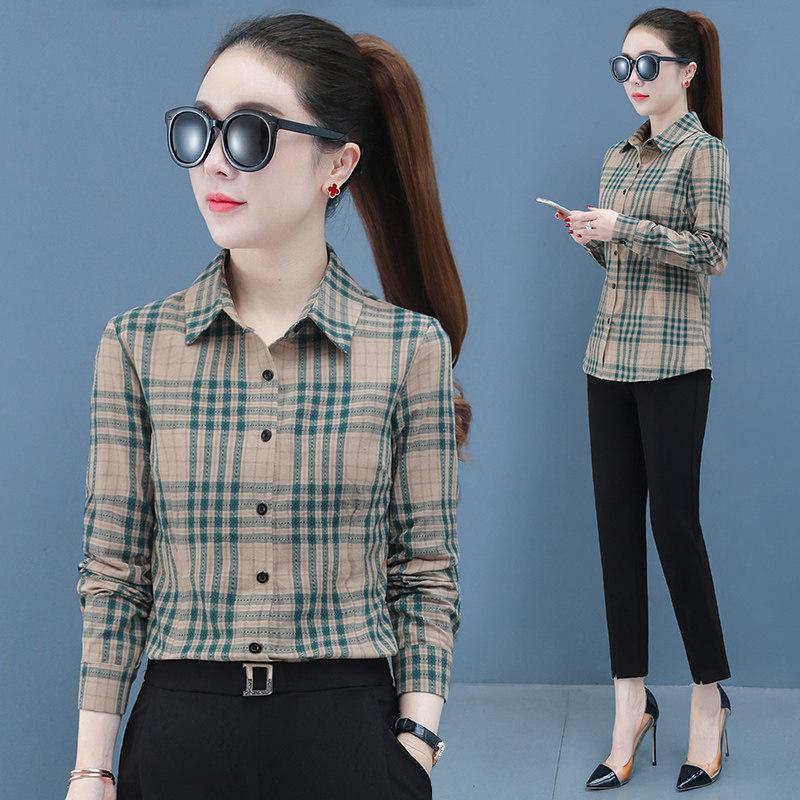 纯棉格子衬衫女士春装2023年新款休闲上衣外套长袖中年妈妈衬衣寸