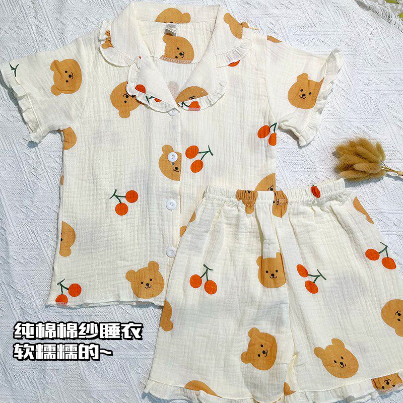 2024新款女童睡衣夏款纯棉套装儿童短袖开衫棉纱公主风家居服夏装