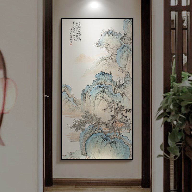 新中式玄关装饰画国风迎客松走廊过道挂画竖版大气山水背景墙壁画