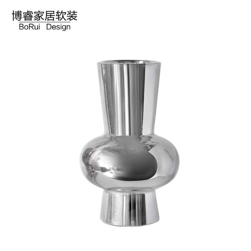北欧轻奢电镀陶瓷银色花瓶摆件样板间客厅玄关电视柜干插花器装饰