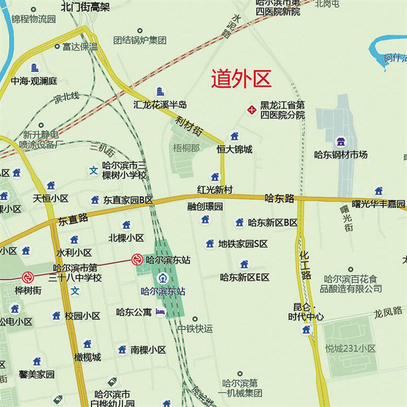 2025新款哈尔滨市区地图贴图办公室挂图高清防水墙壁贴超大装饰画