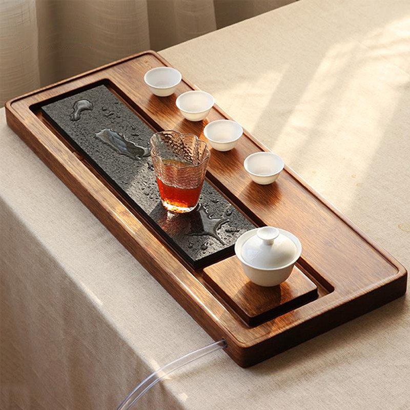 美物工坊重竹乌金石茶盘储水式茶台实木日式家用排水功夫茶具套装