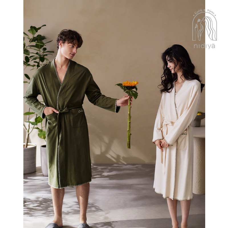 妮狄娅2023情侣睡衣睡袍女春秋纯棉长袖中长款男士简约浴袍家居服