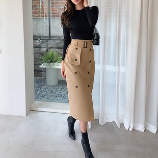 春秋季设计感双排扣修身高腰包臀裙显瘦风衣式腰带中长款半身裙
