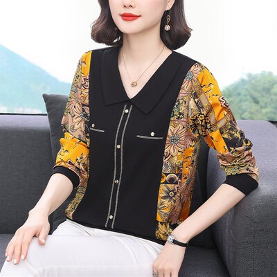 中老年妈妈纯棉长袖t恤女洋气雪纺拼接上衣秋装2024新款薄款小衫