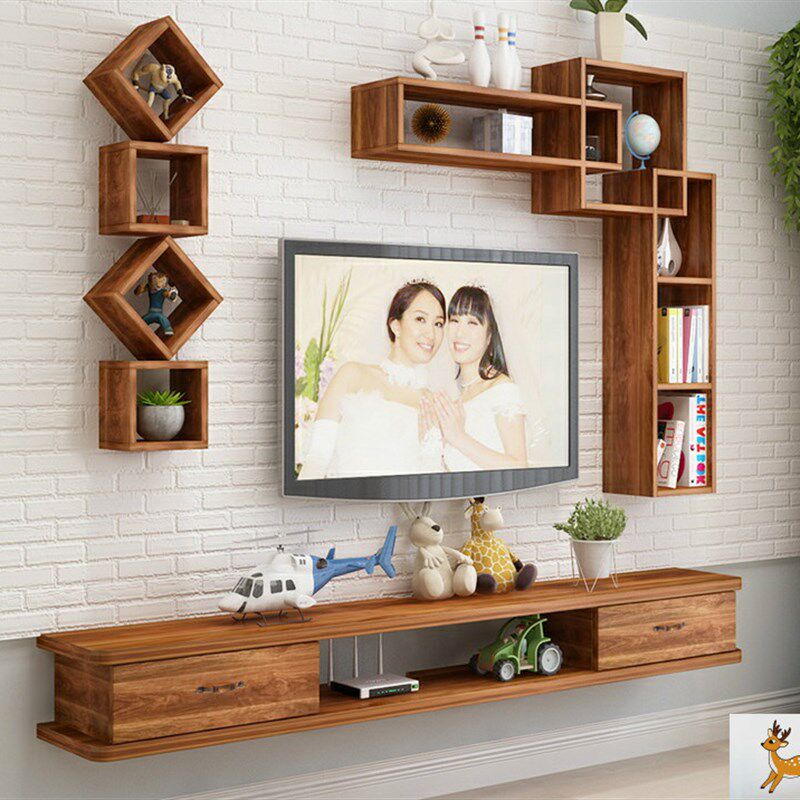北欧新款铮舍小户型客厅壁挂电视吊柜背景墙收纳隔板置物架省空间