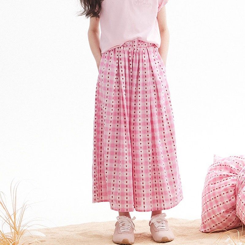 女童夏季薄款裤子女孩纯棉爱心粉色格子九分裤提花面料洋气阔腿裤