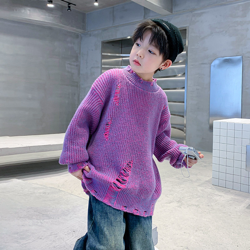 男童秋冬装半高领破洞加厚毛衣2023新款中大童冬季针织衫外穿潮