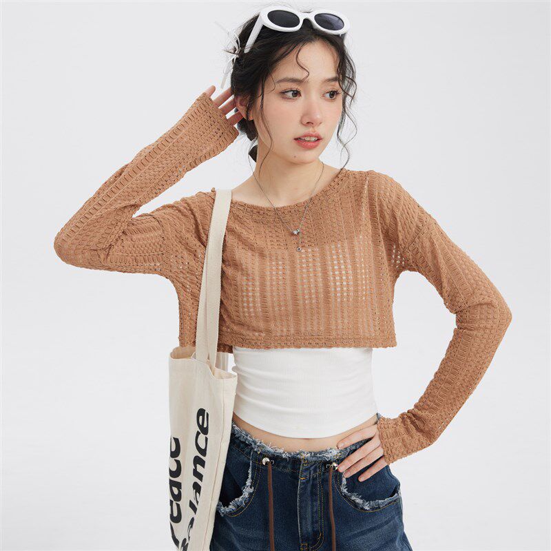尔给防晒罩衫长袖高腰薄款镂空蕾丝短款针织衫上衣女夏设计感T恤