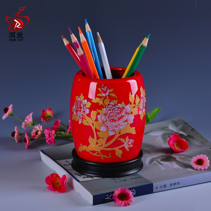 陶瓷笔筒摆件教师节礼物办公用品文具文房四宝复古中国风装饰摆设