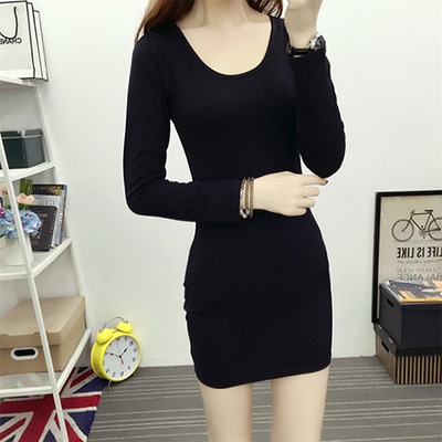 黑色中长款打底衫春装季新款女式长袖t恤女大码内搭修身包臀上衣
