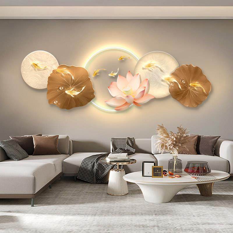 九鱼图荷花客厅装饰画沙发背景墙LED灯光挂画轻奢高级感莲花壁画